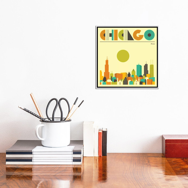 «Chicago Skyline», reproduction d'impression sur toile, H 12 po x l 12 po x P 1,5 po, Toile avec cadre blanc, Pas de tapis