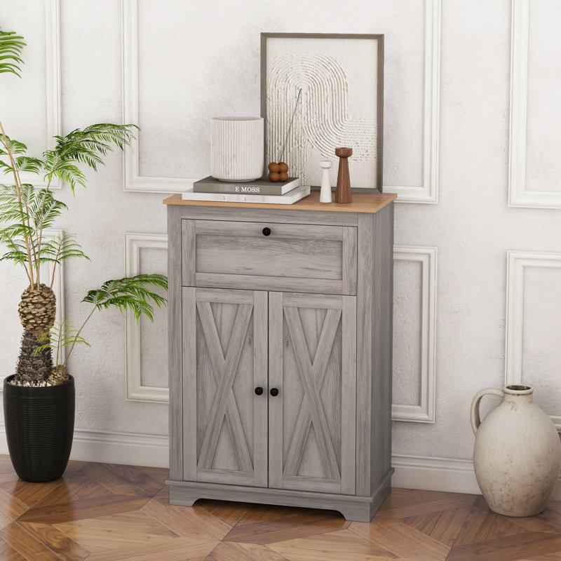 Gray Side Cabinet. Double Doors, Drawer & Adjustable Shelf. For Bedroom And Living Room. Copious Storage. Tipping. Particleboard. 23.5"W X 11.75"D 34.5"H Cabinet - Style With Shelf For Room