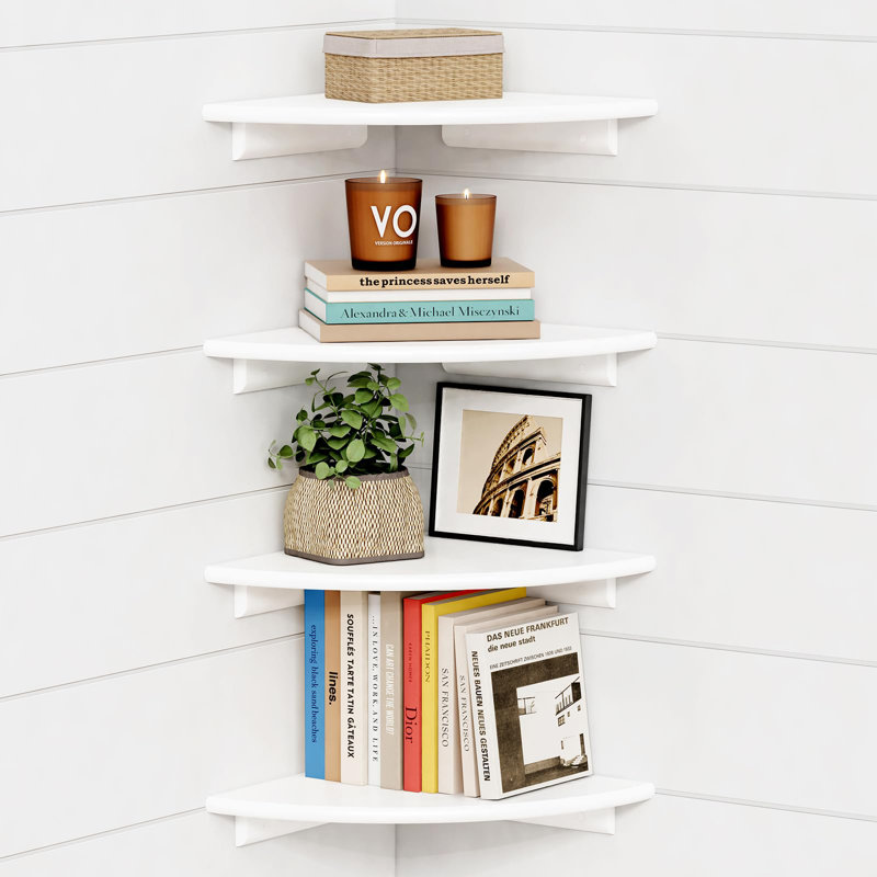 Ensemble de 4 étagères d'angle blanches flottantes pour le mur, bibliothèque de coin en bois pour chambre d'enfant, grandes étagères murales rondes modernes