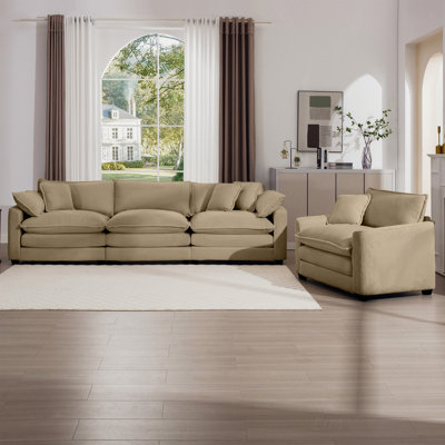 Ensemble de canapé modulaire Mid-Century en tissu velours côtelé brun clair, deux places, trois places et une place avec accoudoirs et coussins décoratifs