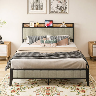 Full Size Bed Frame With Charging Station, Upholstered Headboard, Metal Platform, Grey