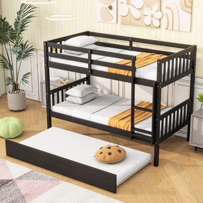 Twin Size Rubber Wood Bunk Bed In , With Trundle, Convertible To Two Beds, Detachable For Comfortable Sleep, Pull - Out Trundle Guests, 13 Slat Platform Durability, Entrapment Barrier Over Bed,