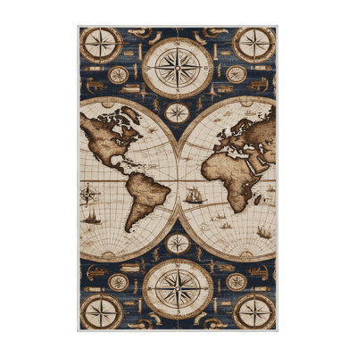 Washable Cartographic details Nautical Area Rug