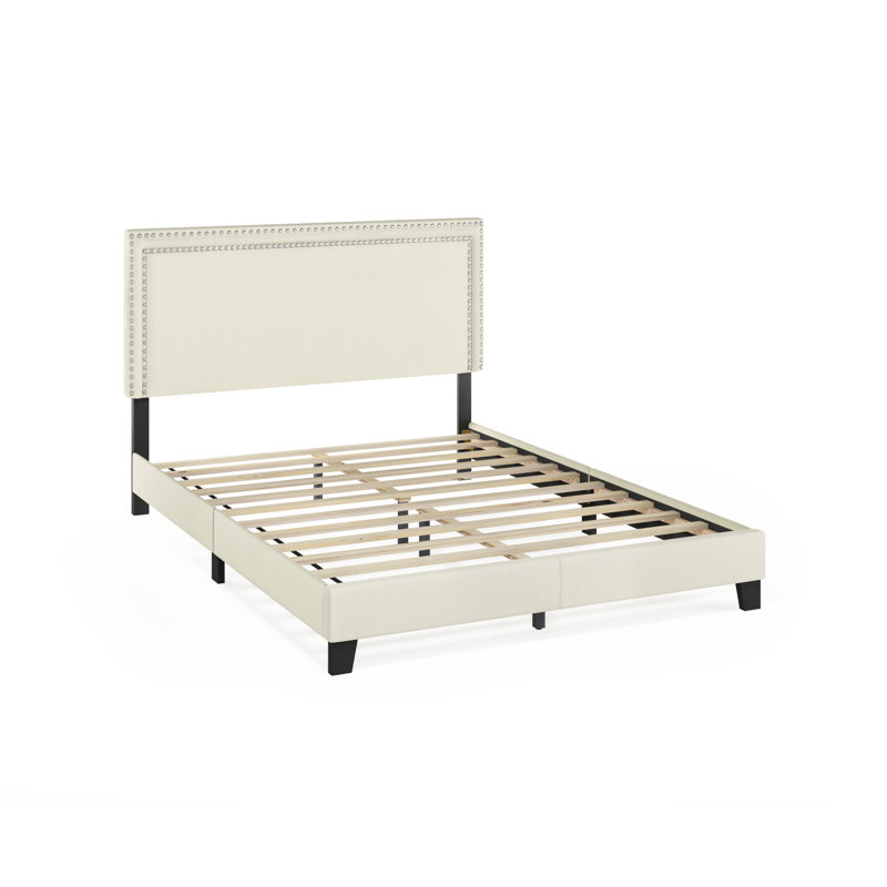 Carlester Upholstered Slat Bed, Queen, Cream, 100% Linen