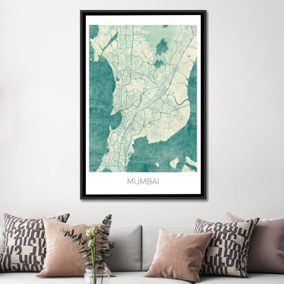 « mumbai rétro bleu aquarelle urban blueprint map », impression sur toile