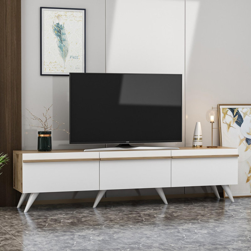 Meuble télé moderne blanc avec option de fixation murale, 71,0 x 16,5 x 16,0 pouces | 100% panneau de particules enduit de mélamine, 0,7 po d'épaisseur | Plusieurs tablettes pour le rangement, design scandinave pour les salons élégants