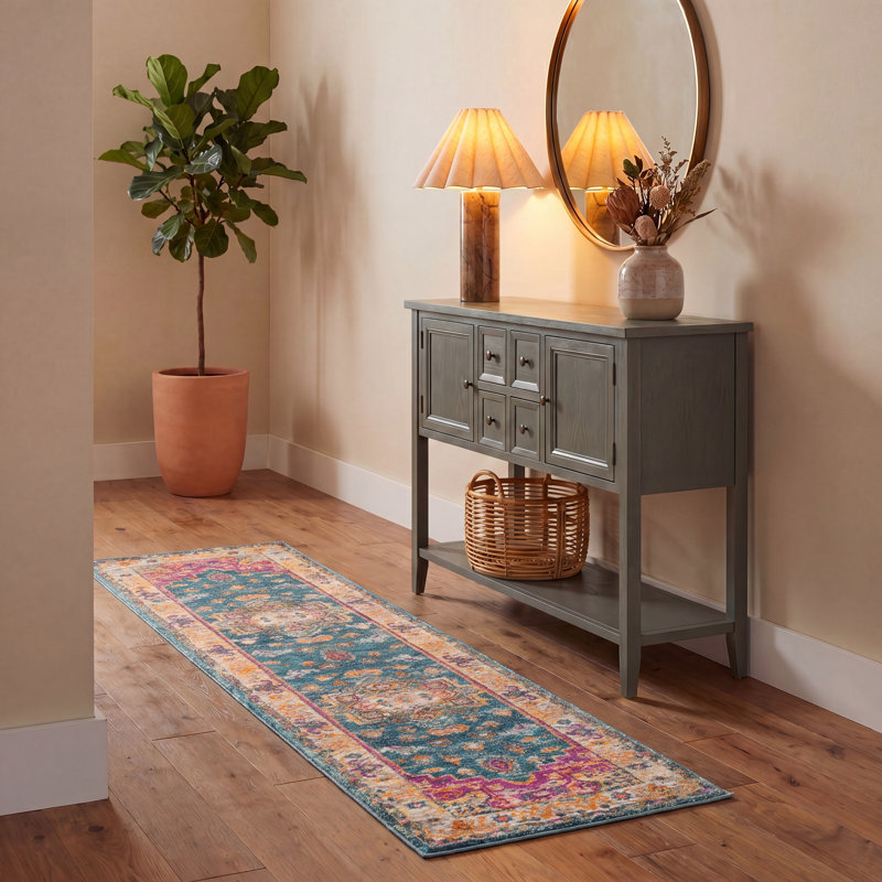 Tapis oriental bleu / rose Felty, Tapis de couloir 2 pi 3 po x 8 pi