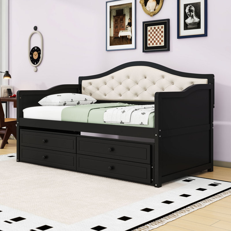 Twin Two Drawers Wooden Daybed with Trundle and Upholstered Backrest, Black