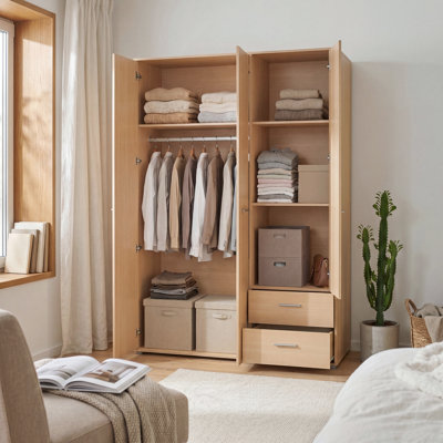 Timeless wardrobe with 3 turning doors and 2 drawers, spacious interior, engineered wood, warm oak decor, 144.4 cm W x 200.1 cm H x 52.7 cm D