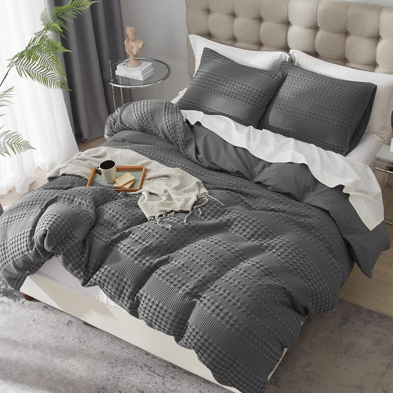 Ensemble de housse de couette Waffle Weave, Housse de couette grand et 2 taies d'oreiller stan, Gris