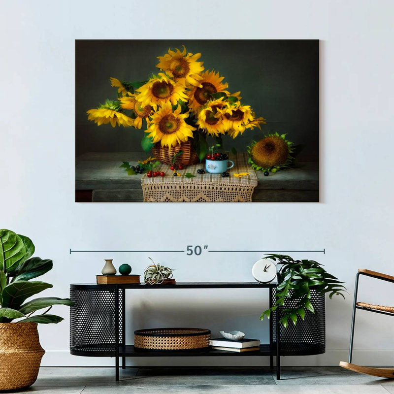 Harnek Rustic Sunflowers And Cherries, 32" H x 48" W