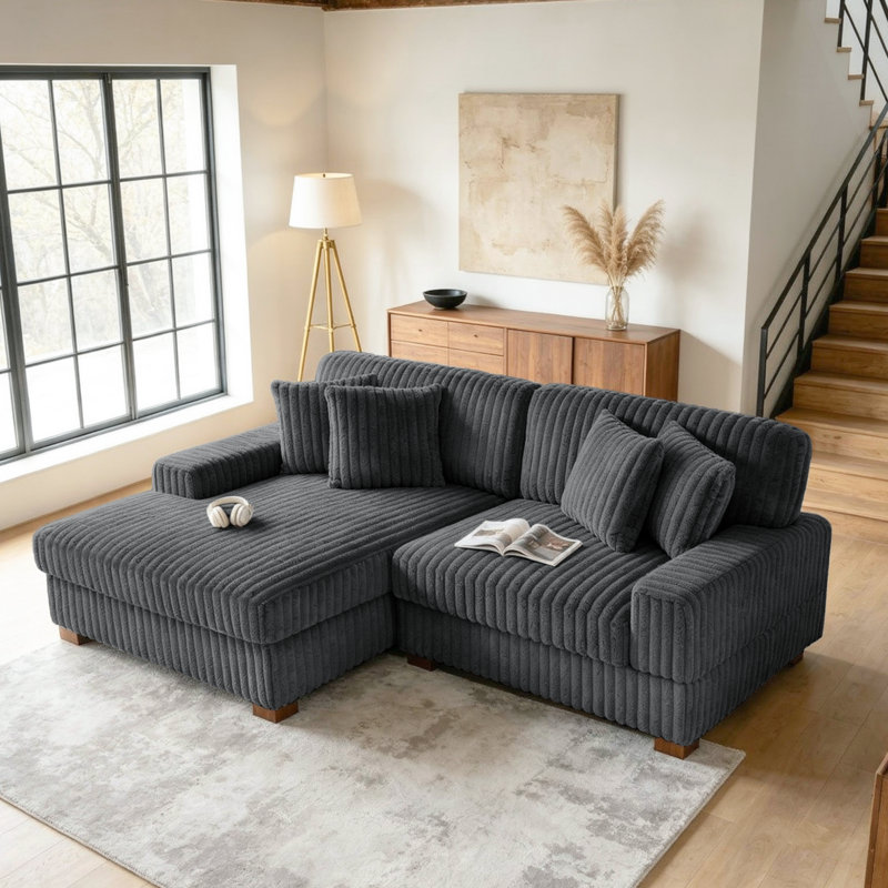 2 - Piece Upholstered Gray Faux Rabbit Fur Flannel Modular Sectional Sofa with Armrests & Throw Pillows