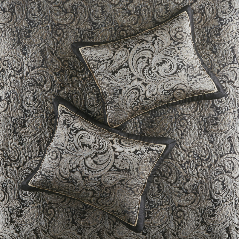 Couvre-lit 5 pièces pour grand lit - noir avec détails de broderie et coquille à motif cachemire inversé taupe, Noir