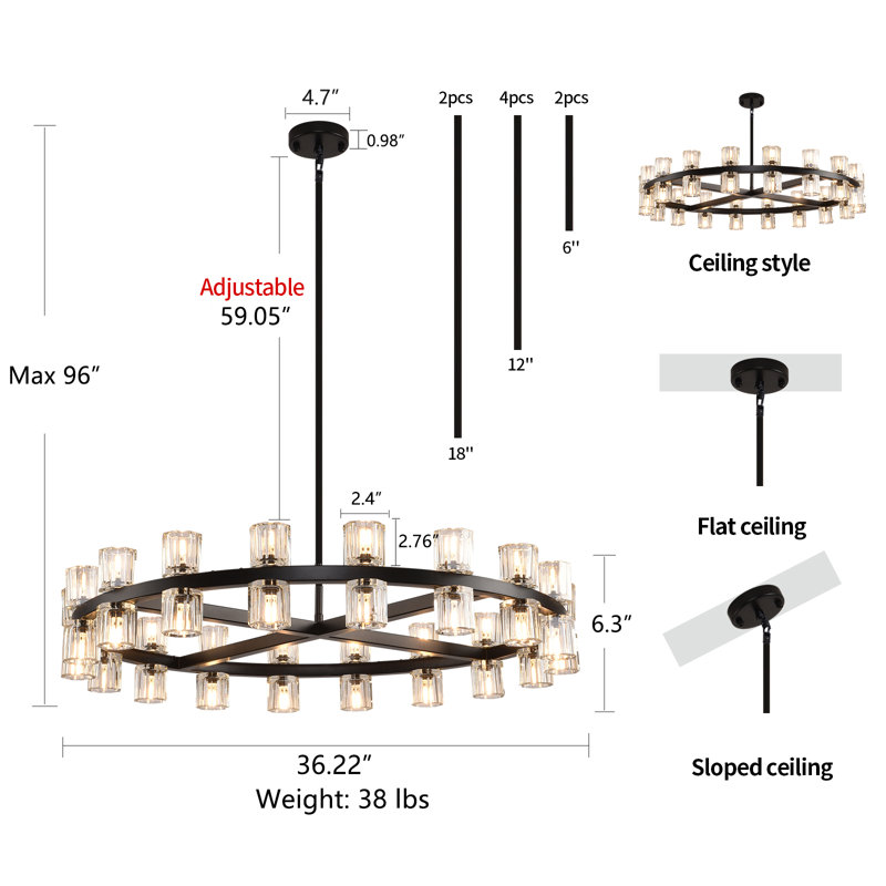  36-Light 36"W Dimmable Round Crystal Cup Style Chandelier with Crystal Accents (Bulbs Included), Matte Black