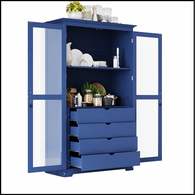 Kitchen Pantry, Freestanding Kitchen Storage Cabinet Display Cabinet with Glass Doors and 4 Built-in Drawers for Living Room, Home Office