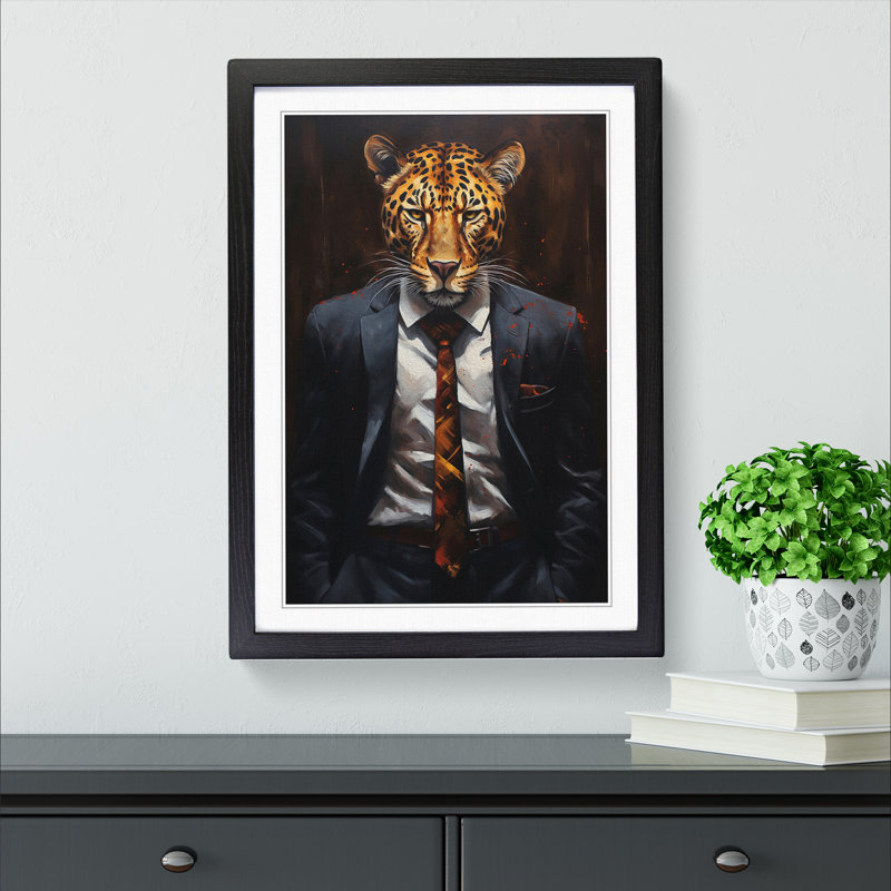 Leopard In A Suit Painting No.2 - Single Picture Frame Print on Wood, Black Framed, 64cm H x 46cm W x 2cm D