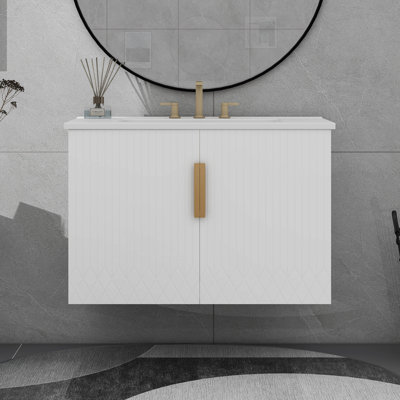 Meuble-lavabo de 30 po avec lavabo, armoire de rangement murale cannelée avec 2 portes et tablette réglable