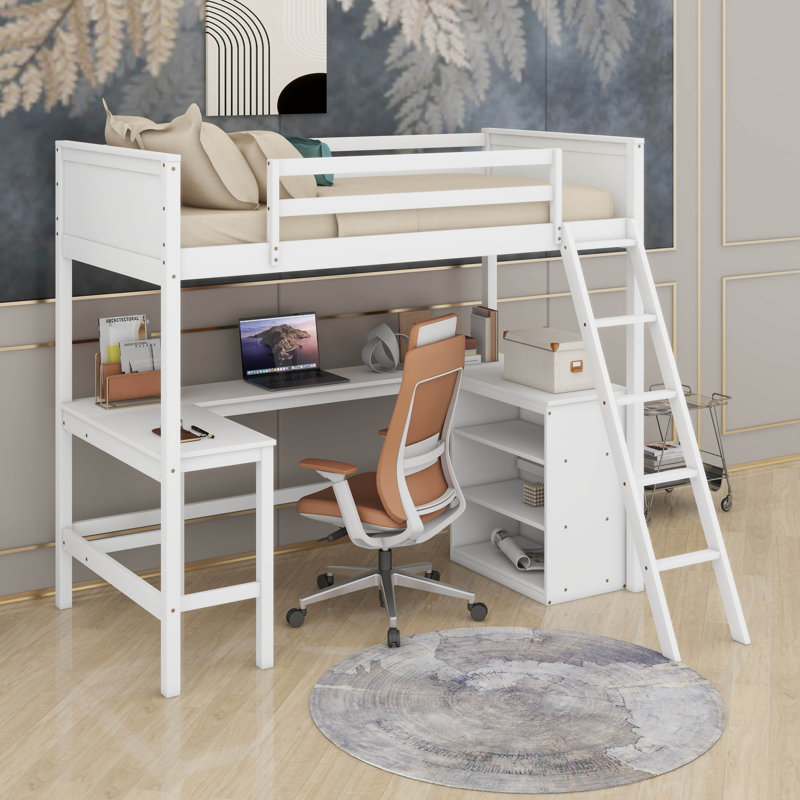 Lit mezzanine simple avec tablettes et bureau