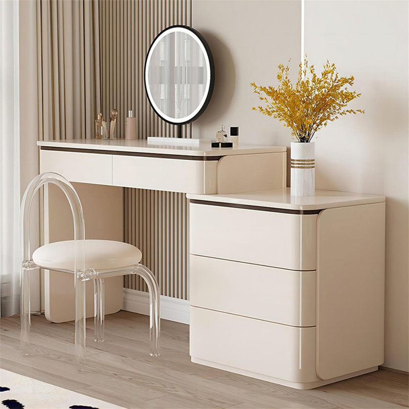 Coiffeuse de maquillage avec miroir lumineux, 5 tiroirs, prise de courant