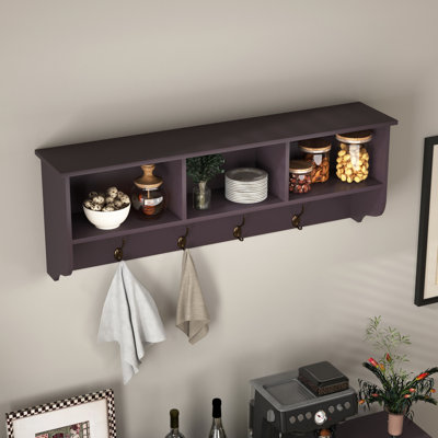 Portemanteau mural espresso avec 4 crochets doubles et tablette de rangement en bois pour la vie organisée