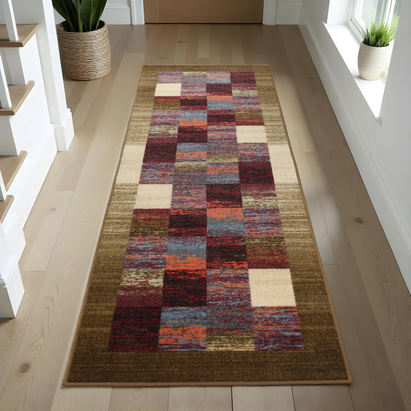 Rustic Color Block Checkered 100& Nylon Non-Slip Indoor Runner or Area Rug, Runner 2'7" x 8'