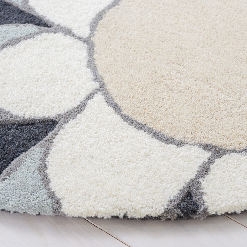 Tapis crème / ivoire / gris en laine touffeté à la main Asel, Rond 5 pi