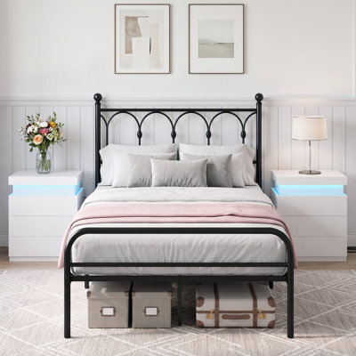 3-Piece Bedroom Set, Metal Bed Frame with Arched Headboard & 2 Nightstands with LED Lights and Charging Station