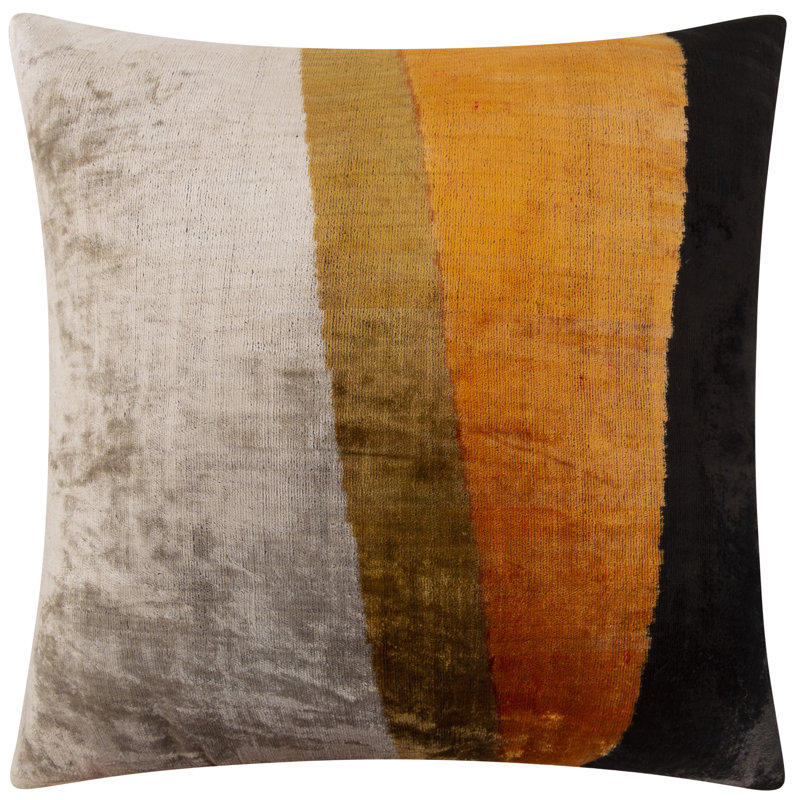 Handmade Velvet Striped Throw Pillow - 20X20, Bold White, Gold, Orange, And Black Design With Down Feather Insert