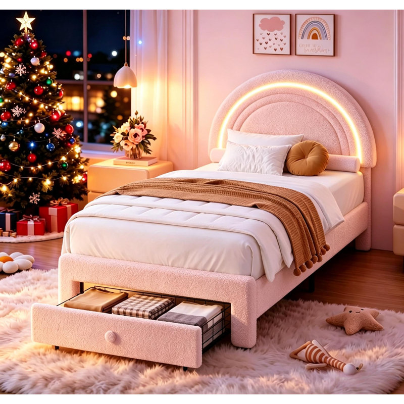 Lit plateforme avec tête de lit arc-en-ciel, sommier à lattes en bois, sans sommier tapissier, montage facile, rose, cadre de lit double capitonné et éclairage DEL intégré avec tiroir de rangement. Montage facile, sans sommier tapissier.