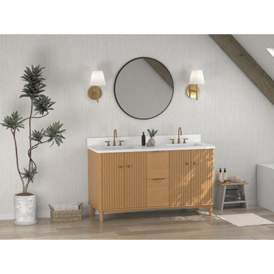 60 Inch Double Sink Wood Finish Odelia Bathroom Vanity With White Quartz Top