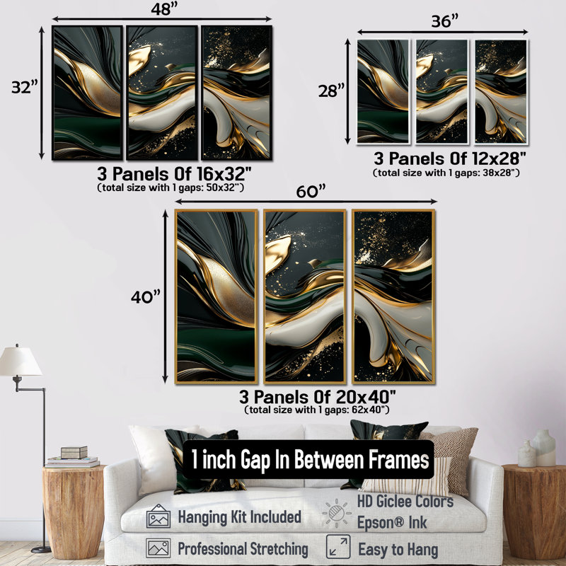 Or noir et noir captivant - ensemble d'art mural abstrait vagues modernes, Black Floater Framed Canvas, 32" H x 48" W x 1" D
