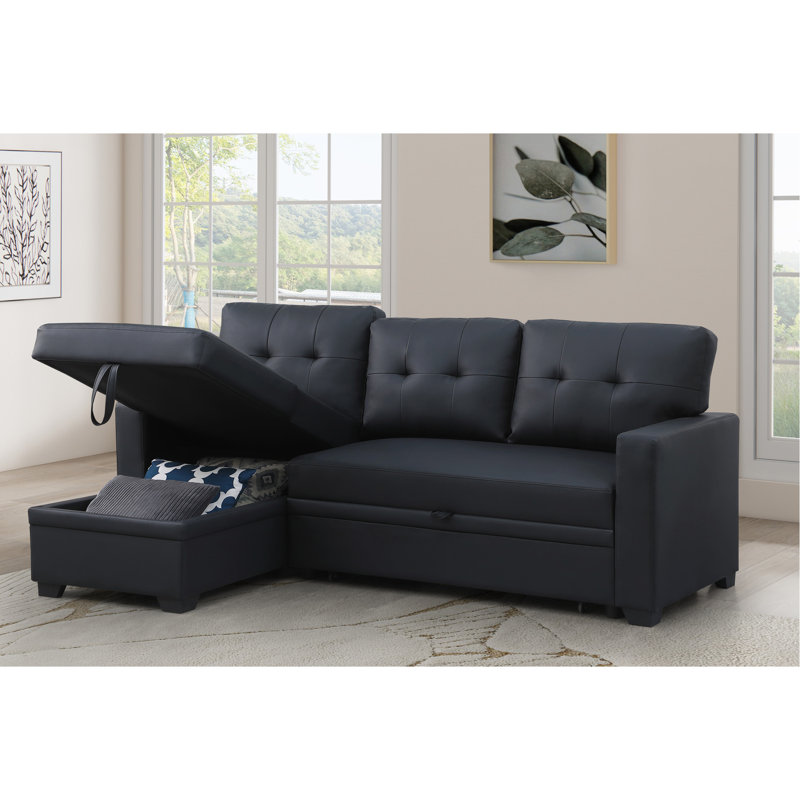 Convertible Upholstered 4 - Seat Sectional With Pull Out Chaise And Storage In Black Linen, Removable Back Cushions, Twin Size Sleeper For Hosting Guests, 82 Wide, 53 Deep, 34.5 High, 190.5 Lb
