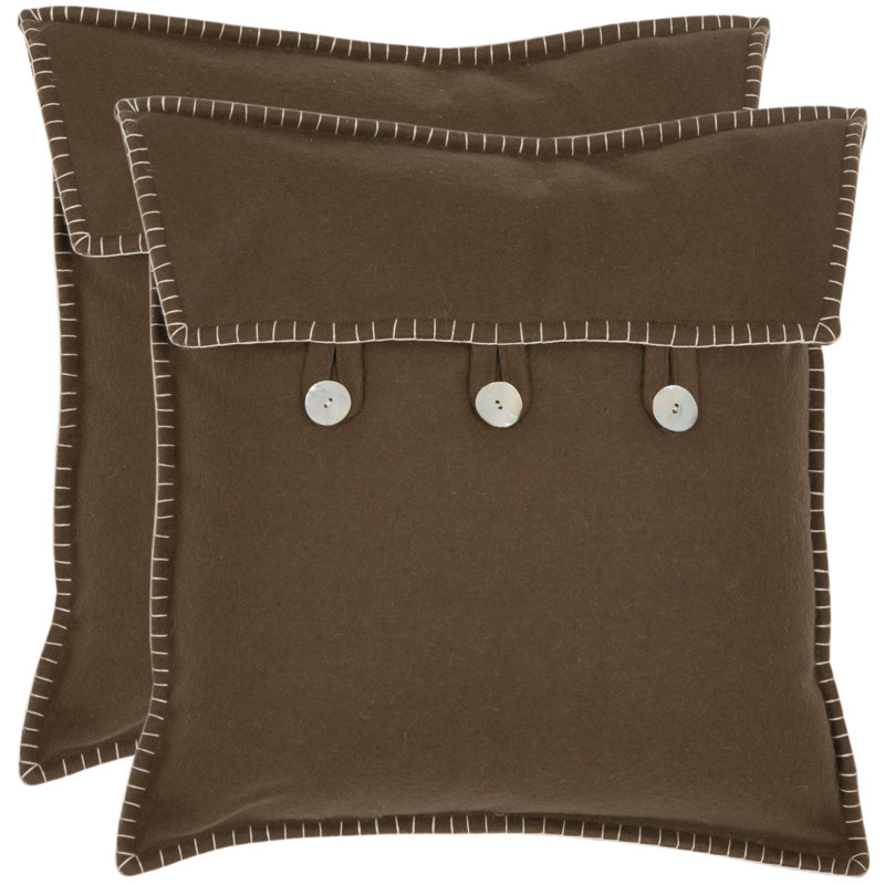 Brown Wool Blend Square Throw Pillow Set with Button Closure