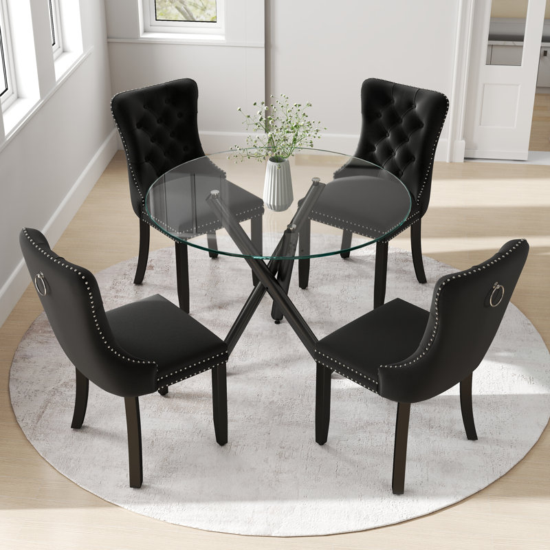 Ensemble de table ronde en verre, 5, Noir, noir, noir, noir