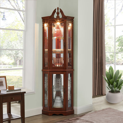 Meuble de coin d'angle, tablettes réglables en verre trempé, dos en miroir, vitrine (ampoule E26 non incluse)