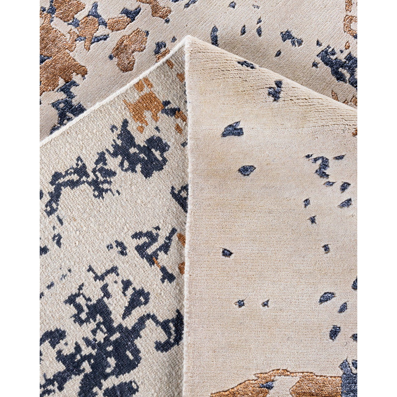 Ivory and Blue Hand-Knotted Wool and Silk Area Rug