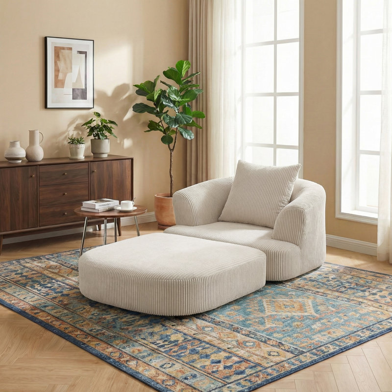 Oversized Upholstered Convertible Accent Barrel Chair, Beige Corduroy