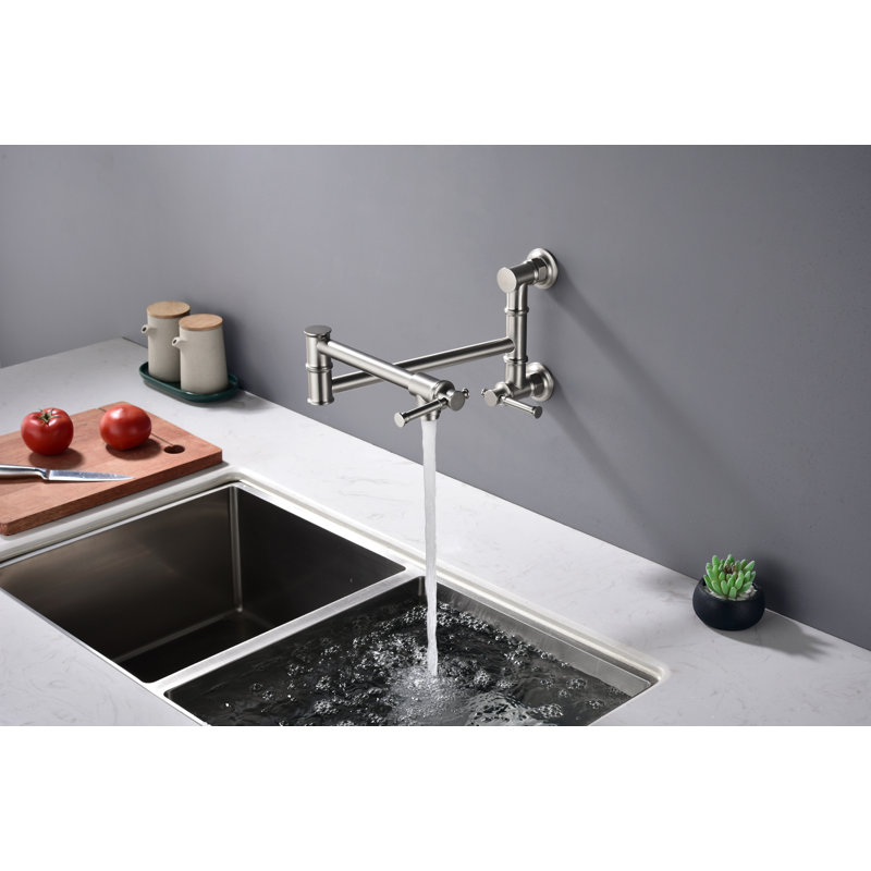 Modern Brass Wall Mount Folding Kitchen Pot Filler Faucet With Swing Arm | Gift Idea, Knob Handle, Brushed Nickel