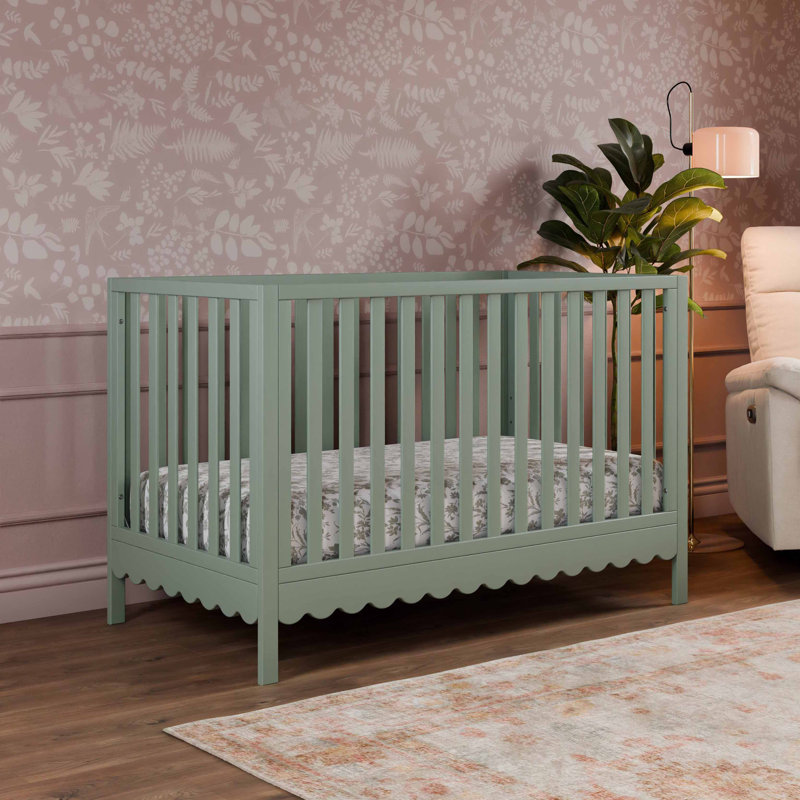 Light Sage Pine Wood Convertible Crib with Scallop Detailing