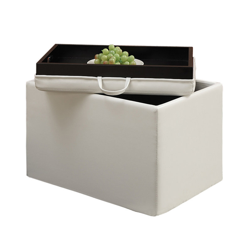 Saribel 22.75" Wide Faux Leather Rectangle Ottoman with Reversible Tray, Ivory Faux Leather