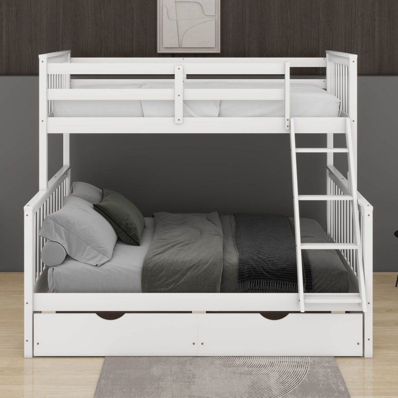Twin Over Full Bunk Bed With Ladders And Drawers, White