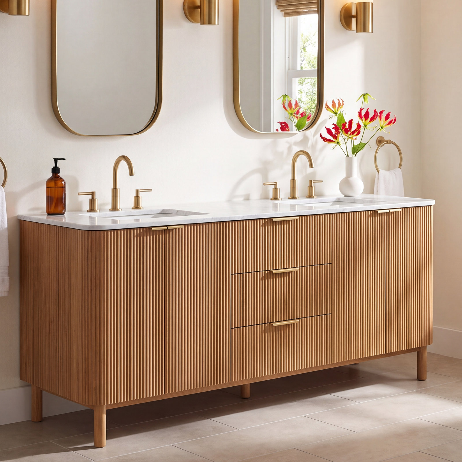 Nova Carrara Marble Double Bathroom Vanity, 84"