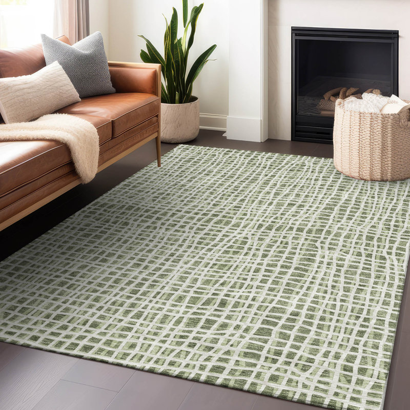 Premium Machine Washable Prisco Green Rug, Rectangle 3' x 5'