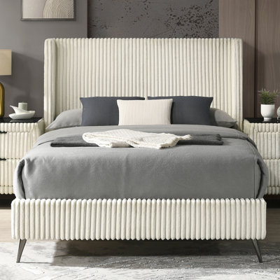 Queen Sized Bed In Cream - Luxurious Wide Wale Corduroy Upholstery, Distinctive Wing Back Headboard, Modern Bedroom, 4 Wooden Slats Comfortable