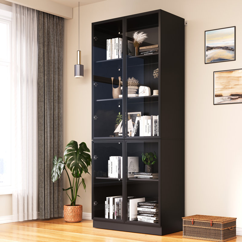 Display Storage Cabinet with Glass Door, LED Lights,Showcase for Collections, Perfume, Vinyl Albums, Bookcase for Home Office, Living Room, Clinic, Pantry (5 Layers-Black)