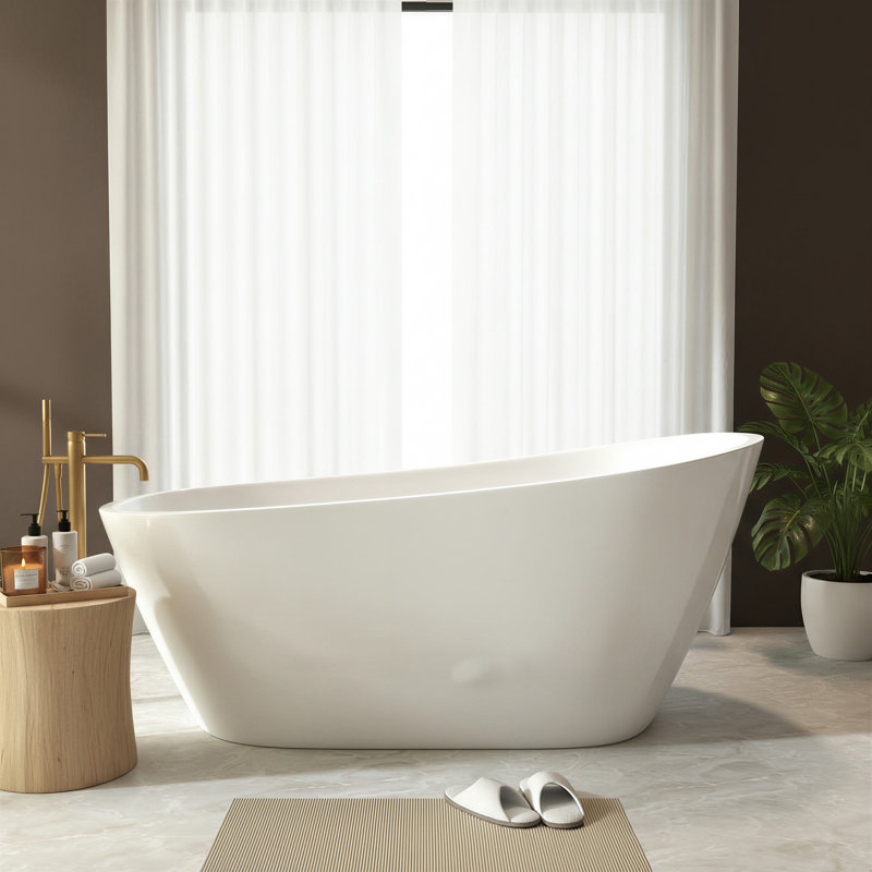 Baignoire sabot autoportante en acrylique de 150 cm (59 po), baignoire de salle de bain de forme spéciale avec trop-plein et bonde chromés