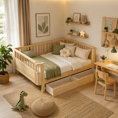 Lit plateforme double en bois pour enfants, lit double en bois à profil bas avec rails pour filles et garçons, naturel