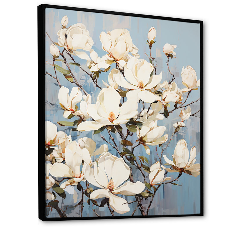 Magnolias en fleurs en blanc, H 32 po x l 24 po x P 1 po, Cadre flottant noir