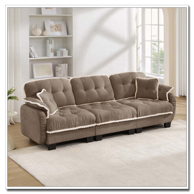 Chenille Cloud U-Shaped Loveseat Sofa with Ottoman and 4 Pillows, Brown