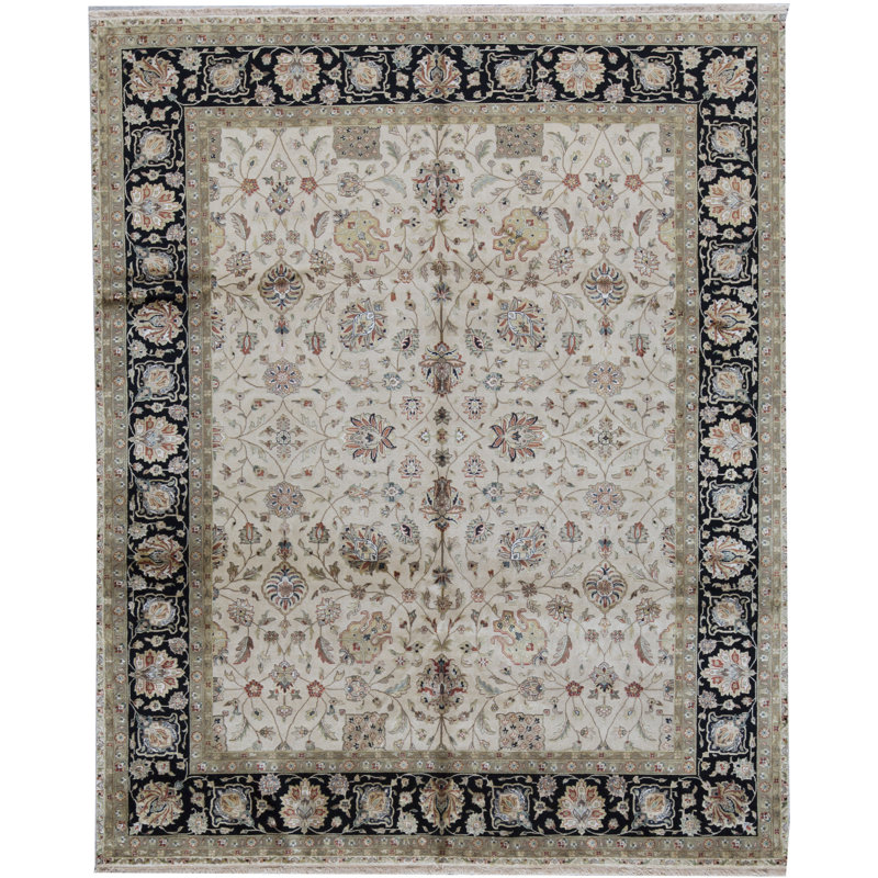Tapis ivoire et noir noué à la main de haute qualité